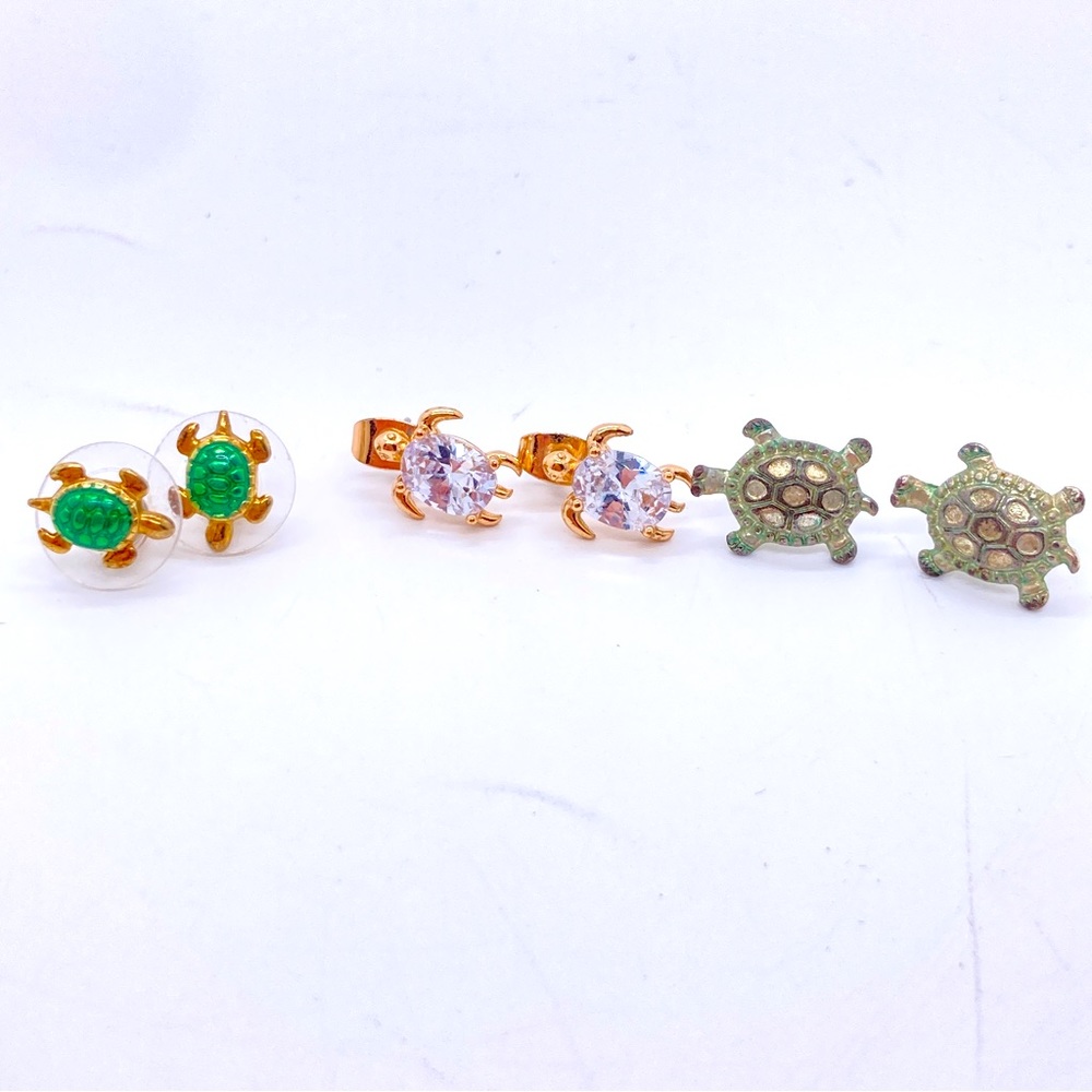 3 Pairs Turtle Earrings Post Back Studs Enamel Rhinestone Silver & Gold Tone